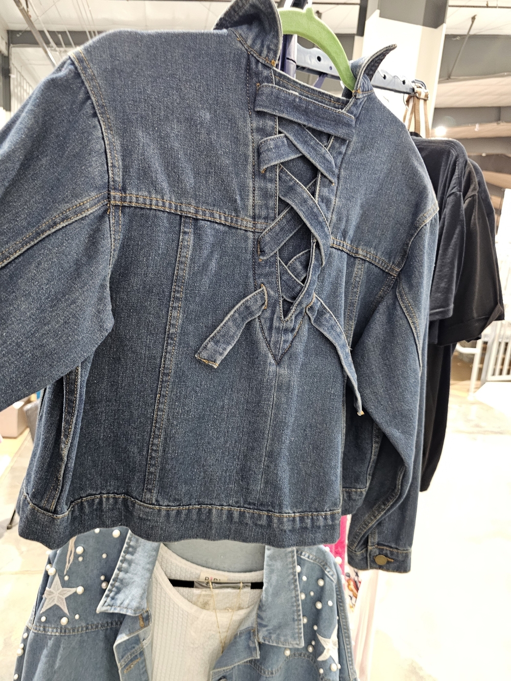 Dark Blue Lace-Up Back Women's Denim Jacket